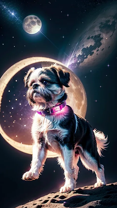 Make a dog of the breed(shi-tzu)jumping on the moon,your body shines,in pink colors,cerulean,and purple and various stars are around you