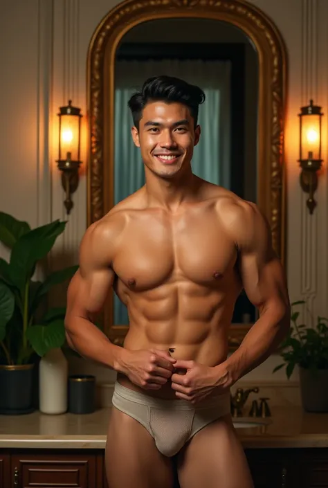 Asian guy, Vietnamese, naked, tiny underwear, butt cheeks, hands kneading crotch, standing in the mirror, smiling at the mirror, big penis , Muscular and well-proportioned, Seductive eyes