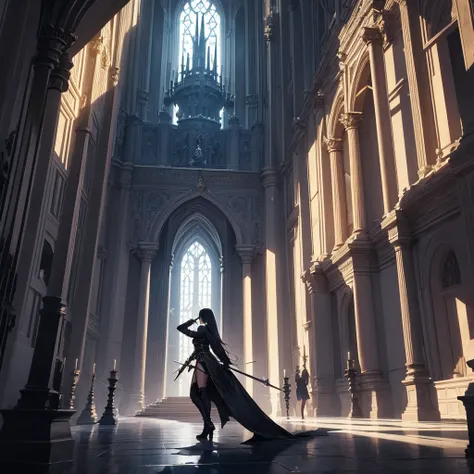 darkness, giant dagger, dance, masterpiece, room full of daggers, castle background