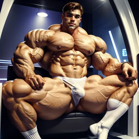 ull body view, a professional white european handsome male bodybuilder in transparent white sheer lace underwear and socks, posing in a nightclub. erotic pose. aroused.