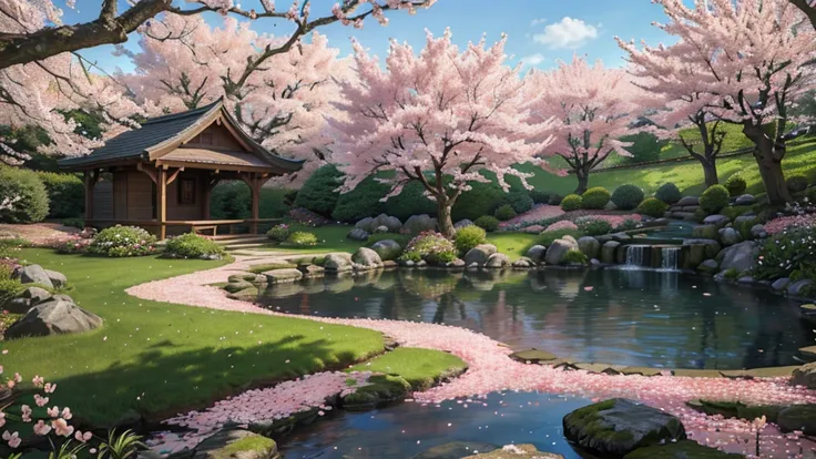 cherry blossom flowers, beautiful garden, (best quality,4k,8k,highres,masterpiece:1.2),ultra-detailed,(realistic,photorealistic,photo-realistic:1.37),detailed cherry blossom trees, lush green grass, warm sunlight, soft pink petals, blooming sakura, tranqui...