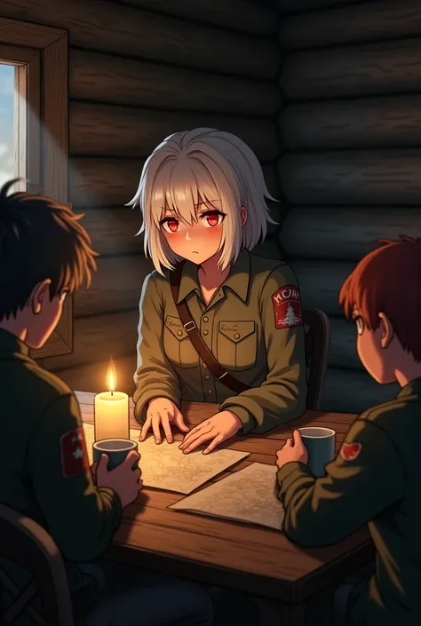 Attack on titan of a caracter in MAPPA Studio screen cap style. she has short wafy white hair and red wide-eyes. She . Sitting at the tabel in a cabin surrounded by peopel and looks tired. She wear scound legion uniform.