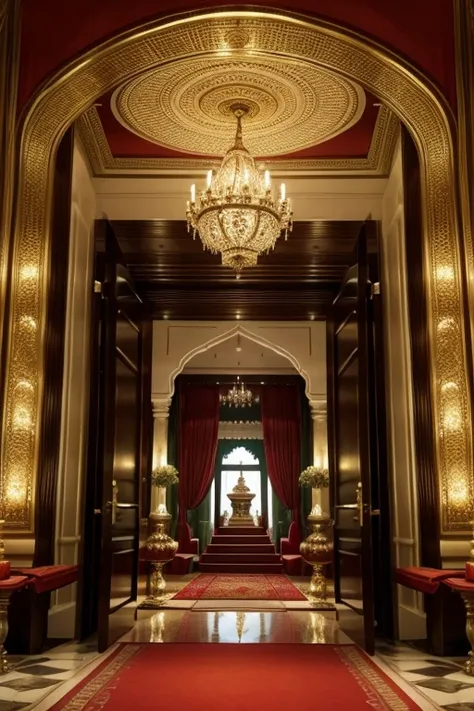 creating a decoration for the entrance of an Indian event at the Taj Mahal palace in celebration of Lord Ganesh in red colors, golden and green luxurious realistic