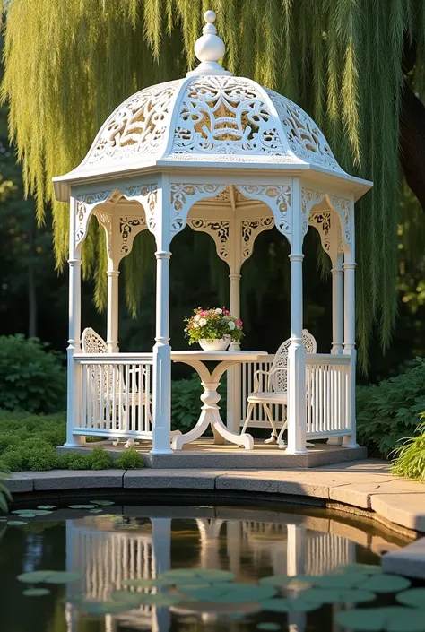 A backyard with a white gazebo with a white iron table and chairs , with a small pond on the side and a weeping willow behind the pond