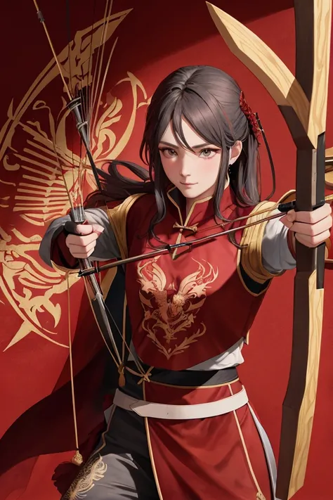 human archer wearing red dragon clothes and bow, company logo with ADENA written prominently in the back