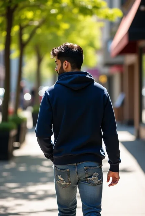 Realistic photo of a 20-year-old Latino man walking with his back turned
