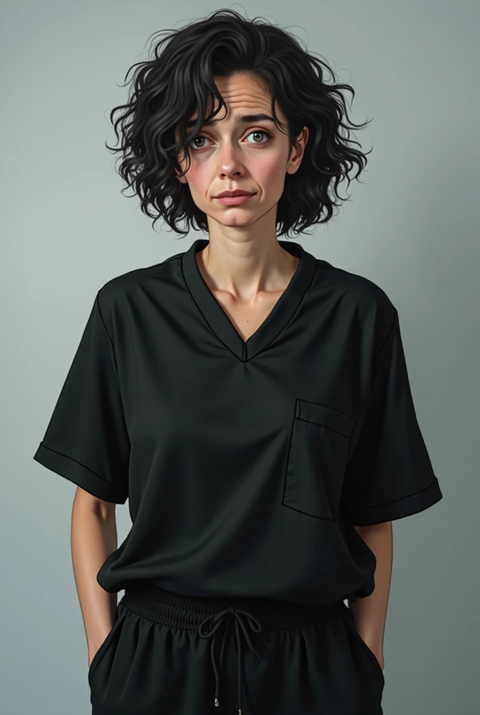 middle aged female patient, black curly hair, wrinkles on face, looks miserable due to overuse of medicine, black blouse, black jogging pants, tired emotion, standing, focus on face and upper torso, (((transparent background))), anime style