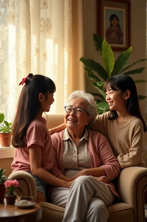 Draw a picture of an old woman with black hair and glasses and her two granddaughters , One with black hair  , and one 13 with brown hair with bangs 