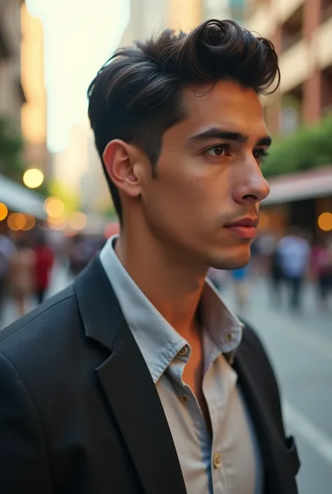 Realistic photo of a 20 year old Latino man walking in profile
