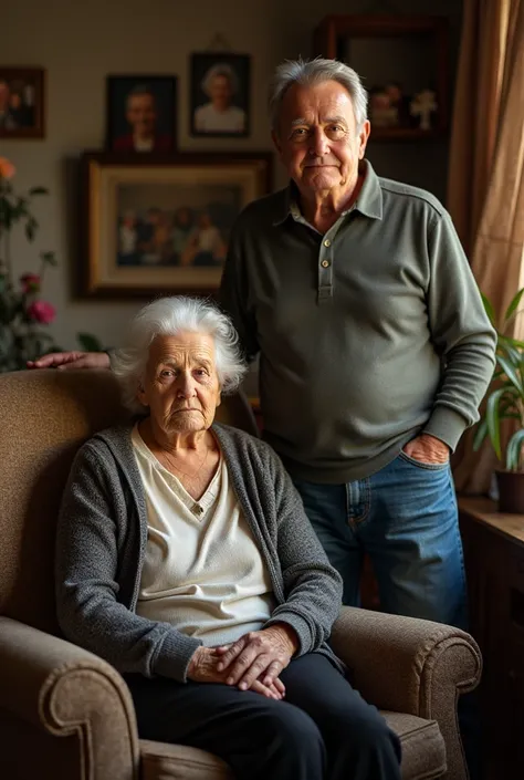 Draw a picture of an old woman with black hair and her 40-year-old son. 