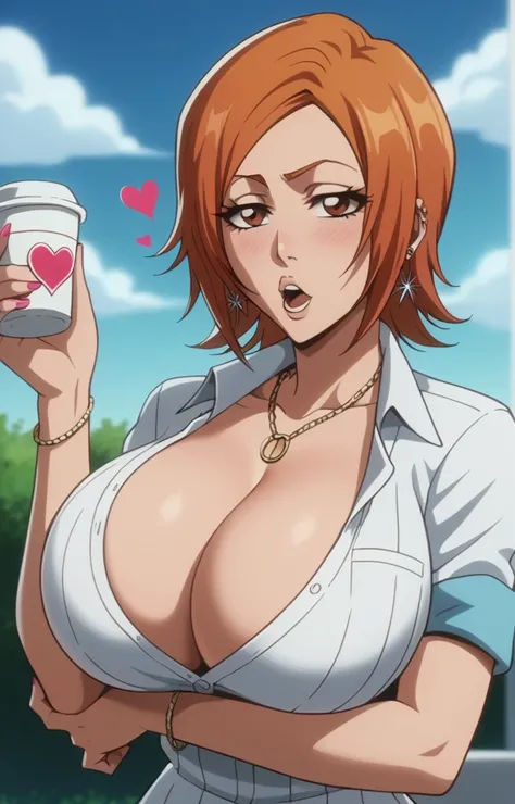 Inoue Orihime,Big breast,white HighSchool uniform with unbuttoned Cleavage,short Grey skirt,lariat necklace,Long pink nail,Hoopa bracelet,Earpiercing,Bleach Anime artstyle,Half eyes open,Buzz cut hair,Spouty mouth,Thick lips,Curvy figure,Big wavy hair,Ench...