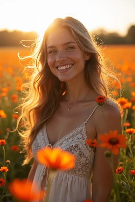 Beautiful and tough woman in a field of flowers