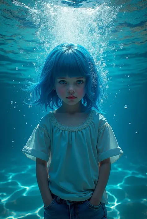 1girl, deep sea, blue hair, pout, youth, fractal art, waves on the lens, dynamic, high color, gorgeous, visual impact, hands in pockets, best quality, 8k, ultra-detailed, realistic, photo-realistic, physically-based rendering, vivid colors