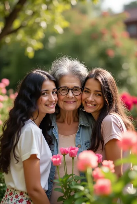 Take a picture of an old woman with very short black hair and glasses, with her 2 fair-skinned teenage granddaughters, long dark hair