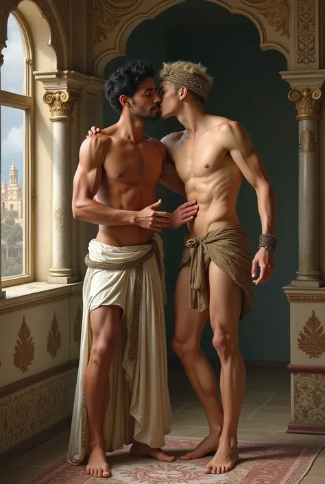 baroque painting+muslim_art fullbody portrait, an arabian prince, cinnamon skin green eyes, wavy black hair, thin face, perfect detailedd feet,  slender toned body, body hair, beautiful face, next to a young viking, blond, blue eyes, muscular beautiful fac...