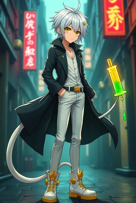 Attractive anime boy,Short white hair with silver,pale skin, yellow eyes, yellow light diadema,black coat, white pants, White boots with yellow, Long tail with yellow syringe with acid,white gloves