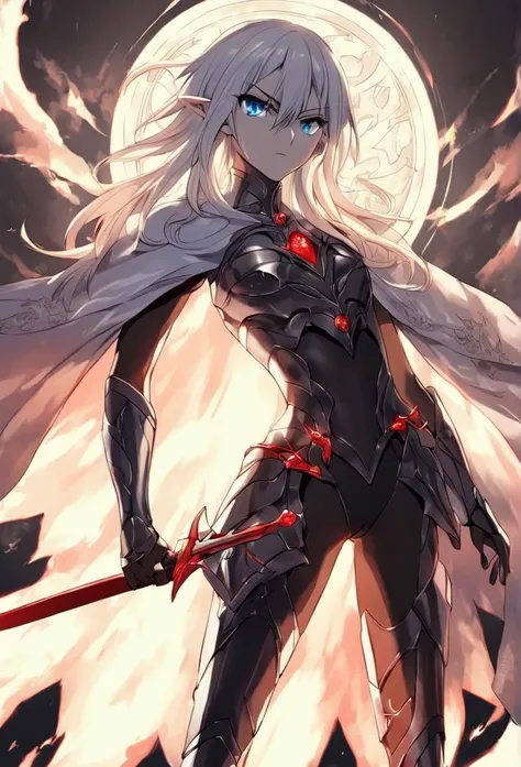 Selene Glavariel Arathel, a 16-year-old human-elf hybrid with silver hair, blue eyes, a slender and tall figure, a leather armor with silver and red adornments, and a white cape with embroidered symbols. She is holding a sword in front of her and has a det...