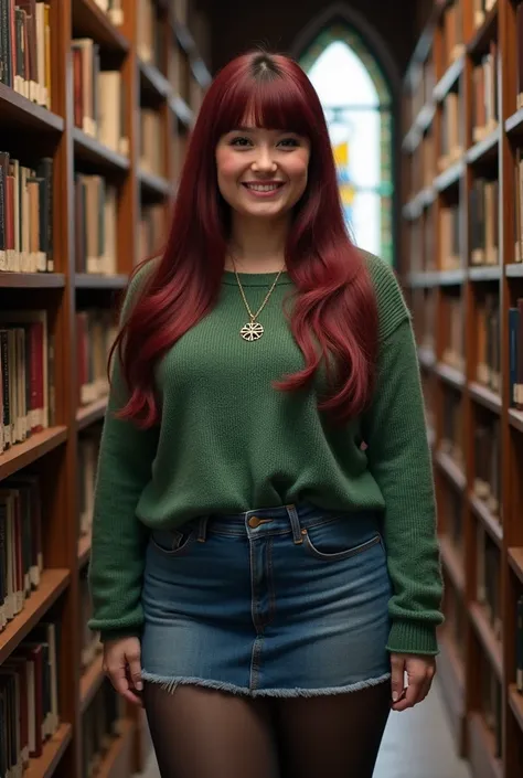 an adult woman, With long straight burgundy hair and bangs, She wears a green sweater, Jeans skirt and black tights. She has chubby cheeks and wears a pentagram necklace. She is in a library. she has thick thighs.