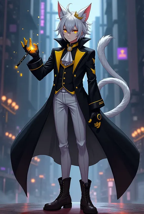 Attractive anime boy,White fur with silver,pale skin, yellow eyes, yellow light diadema,black coat, white pants, White boots with yellow, Long tail with yellow syringe with acid,white gloves