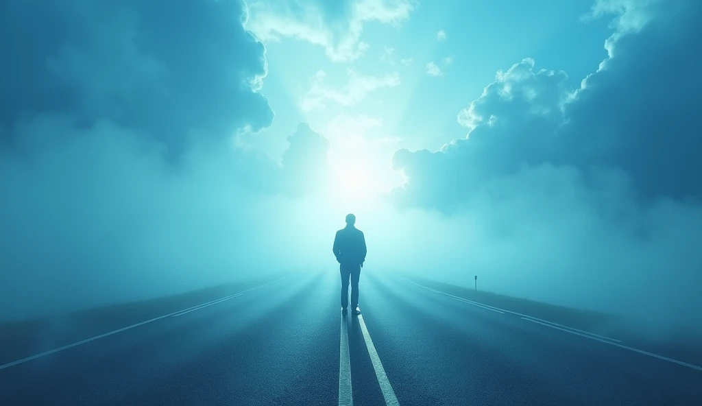 Recognize the signs to align with God: A person at an intersection, with a bright bluish sky showing a clear direction, while other directions are shrouded in mist, representing the importance of following divine signs.