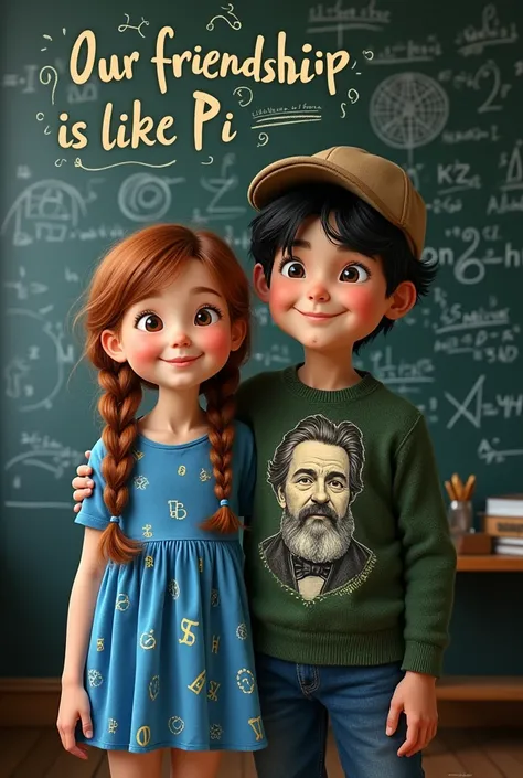 Image of a girl and a boy with a mathematical background that says "Our friendship is like Pi, irrational and endless, but full of meaning in every digit."