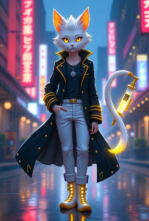 Attractive anime boy,White fur with silver,pale skin, yellow eyes, yellow light diadema,black coat, white pants, White boots with yellow, Long tail with yellow syringe with acid,white gloves