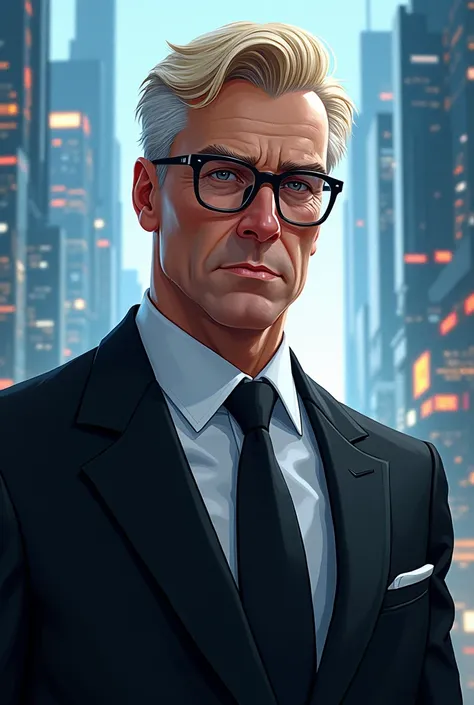 50 year old man, Her hair is short blonde, your eyes are brown, Her skin is white, Their expression is serious and cold, one lens, Their executive and elegant clothing is in shades of black and white., Digital illustration of video game characters