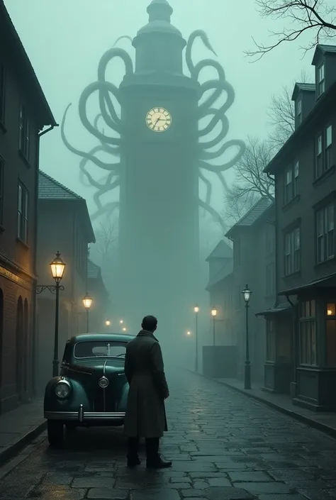 A detective at the side of a car lo King at a town lost in the fog and abandoned, with tentacles coming out of a clocktower. 