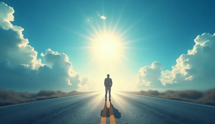 Recognize the signs to align with God: A person at an intersection, with a BRIGHT blue sky showing a clear direction, while other directions are shrouded in mist, representing the importance of following divine signs.