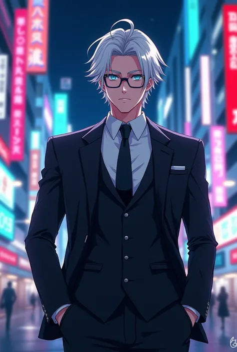 Make an anime man with white hair, with dark round glasses, very light blue eyes, with a suit, ROUND DARK SPHERE EYES