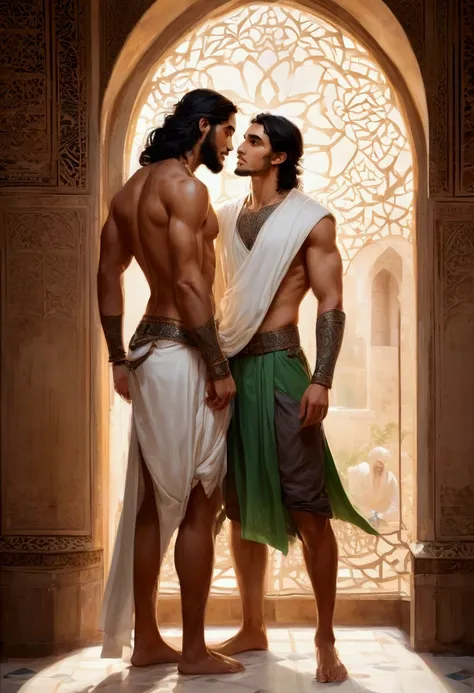 baroque painting+muslim_art fullbody portrait, an arabian prince, cinnamon skin green eyes, wavy black hair, thin face, perfect detailedd feet, slender toned body, body hair, beautiful face, next to a young viking, blond, blue eyes, muscular beautiful face...