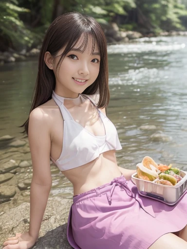 Japanese female, (underweight), (flat chest best quality:1.5), 30 years old, (cheerful grin:1.3),
river, happy, (eating lunch), sitting, semi long, (Vivid_Magenta halter top), (Light_White skirt), (with a Lunch box), Japanese, with a river, calm atmosphere...