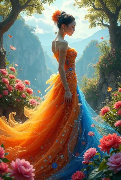 A Vietnamese woman with big breasts, wearing a dress made of flowers, under her feet and behind her is a forest of blooming flowers, with all kinds of flowers in many colors, each flower is blue, red, yellow, green, purple, with sunlight shining through th...