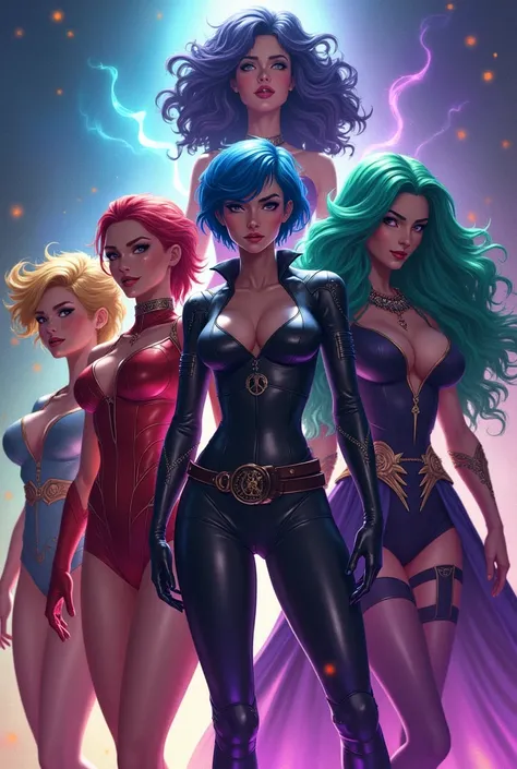 Group of heroines, the leader has short blue-black hair with powers to control the stars, sexy heroine outfit, Your red-haired partner has the power to control telekinetic magic with telepathy, gothic clothes, another witch with long curly straight green h...