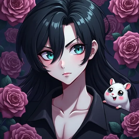 Male, sexy, long black hair, teal blue eyes, young, gothic, delicate features, no facial hair, no body hair, seductive, white and pale. Roses. Sexy pose. Purple and black. Sexy. Sexy pose. Seductive. Sensual. Long eyelashes. No facial hair. Pretty face. Se...