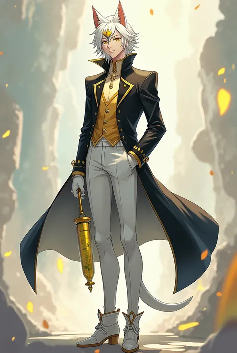 Tall, attractive anime boy,White fur with silver,pale skin, yellow eyes, yellow light diadema,black coat, white pants, White boots with yellow, Long tail with yellow syringe with acid,white gloves