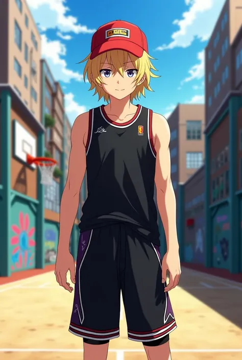 Make an anime man , Medium blonde hair with a cap turned backwards, Red cap , with a black basketball jersey and black shorts