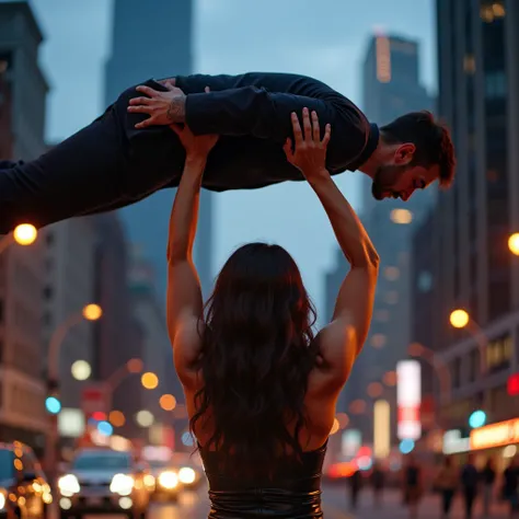 Kristin Kreuk as Lana Lang lifting a large man high above her head with her strong arms. Photorealistic. Wide angle. City skyline in the background.