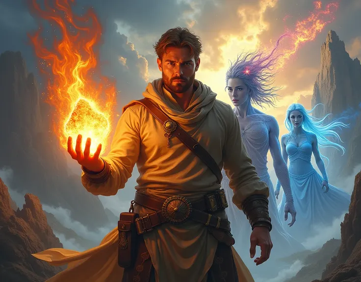 A determined man holding a glowing fragment of a mystical flame, surrounded by ethereal images of two other heroes. The background shows epic landscapes and parallel dimensions with a dynamic and transitional sky.