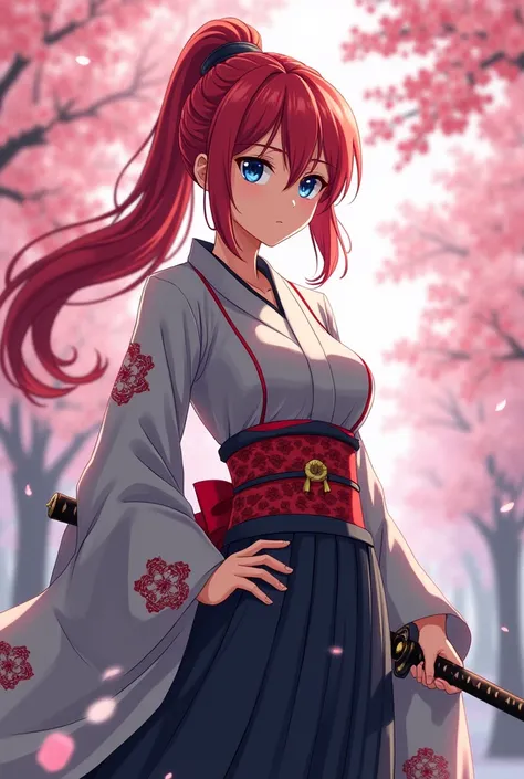 Anime, Japanese woman in a kimono, with blue eyes, red hair, long hair in a ponytail, grey hakama, scarlet clothing, a Japanese sword on her left hip, large breasts, and a large backside, with a slight emphasis on her breasts and backside.