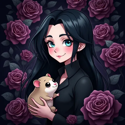 Male, sexy, long black hair, teal blue eyes, young, gothic, delicate features, no facial hair, no body hair, seductive, white and pale. Roses. Purple and black.. Long eyelashes. No facial hair. Man. Male. Cute Hamster. Smirking. No body or facial hair. You...