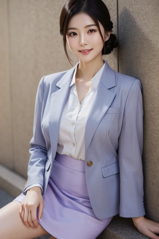 masterpiece、High resolution、Photo quality、Beautiful Japanese Woman、Classy sexiness、Beautiful Japanese mature woman、Leaning against the wall、Skirt Lift、(business suit)、Beautiful chest、Cotton tight skirt、panties、smile、round face、Above the knee、Updo、