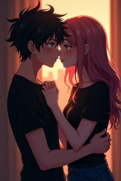 "Create a detailed full body anime-style image of a 21-year-old anime boy and a girl, both wearing black t-shirts, sharing a passionate kiss in a dimly lit room. The boy, with a playful laugh, rapidly pulls the girl closer, conveying his desire while keepi...