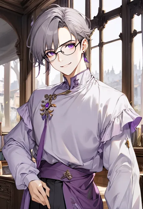 ((masterpiece)), ((Highest quality)), ((High resolution)), ((In detail)),((Highest quality, 8k, masterpiece)), One man、Age 25、Two-dimensional wind、Handsome face、Thick eyebrows、Gray short-haired、Borrowed back hair、Only a part of the bangs is purple。Long, na...