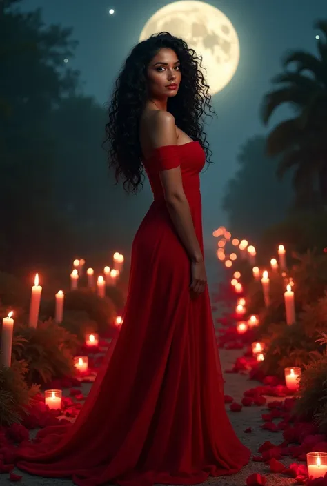 A sensual brunette Brazilian woman, 40 year old alt, sultry gaze, of extroverted laughter, redgown, long curly hair, honey eye, standing at a crossroads with red candles lit and roses on the ground, at night with a full moon