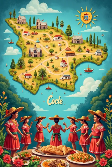 A drawing of the province of Cocle that includes the map , the shield , The typical costume and gastronomy of this province 