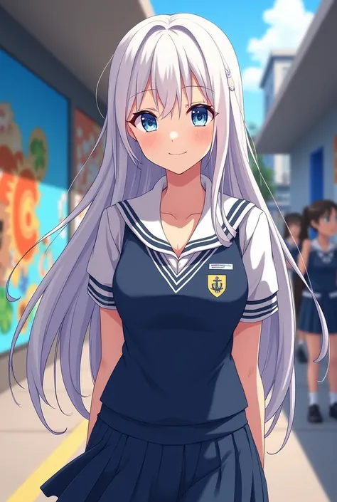 A girl with long white hair, extremely beautiful, with a stunning figure, wearing the UA uniform, having sky blue eyes, looking very pretty and smiling, with a curvy figure, wearing the UA uniform from My Little Academy, standing in the hallways of My Litt...