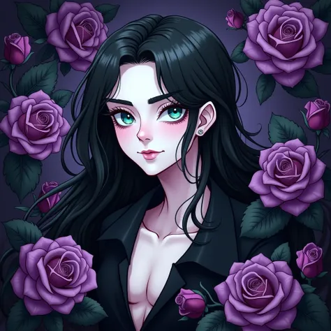 Male, sexy, long black hair, teal blue eyes, young, gothic, delicate features, no facial hair, no body hair, seductive, white and pale. Roses. Purple and black.. Long eyelashes. No facial hair. Man. Male. Smirking. No body or facial hair. Young male. Carto...