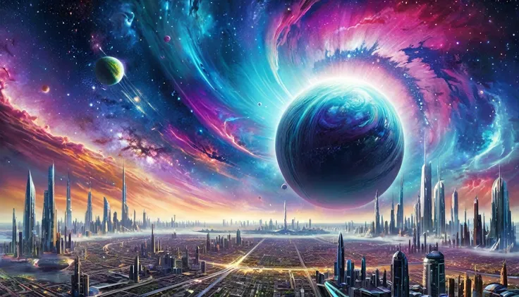 Vibrant nebula cores in the background, futuristc city, a beautiful planet occupying the sky 