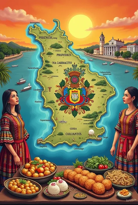 A drawing of the province of Cocle that includes the map , the shield , The typical costume and gastronomy of this province 